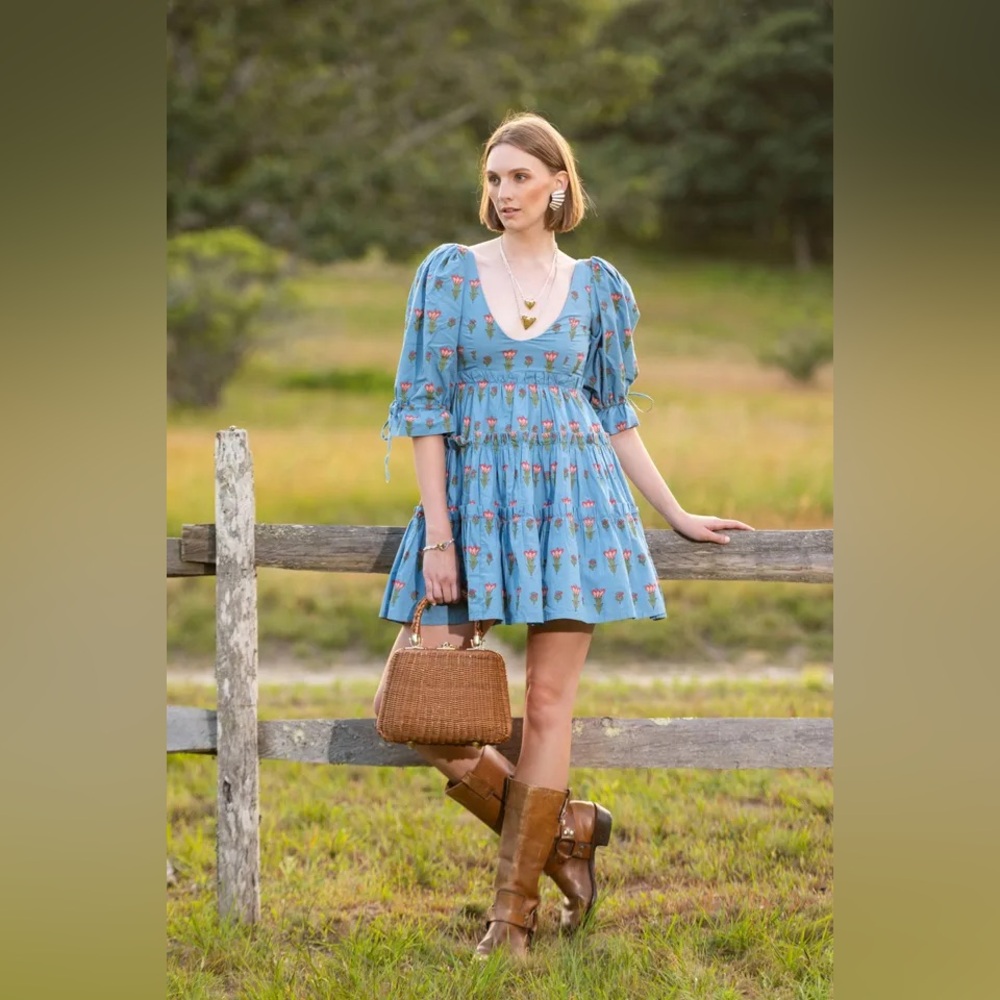 Eddy Julia Puff Sleeve Floral Mini Dress French Blue Size M NWT